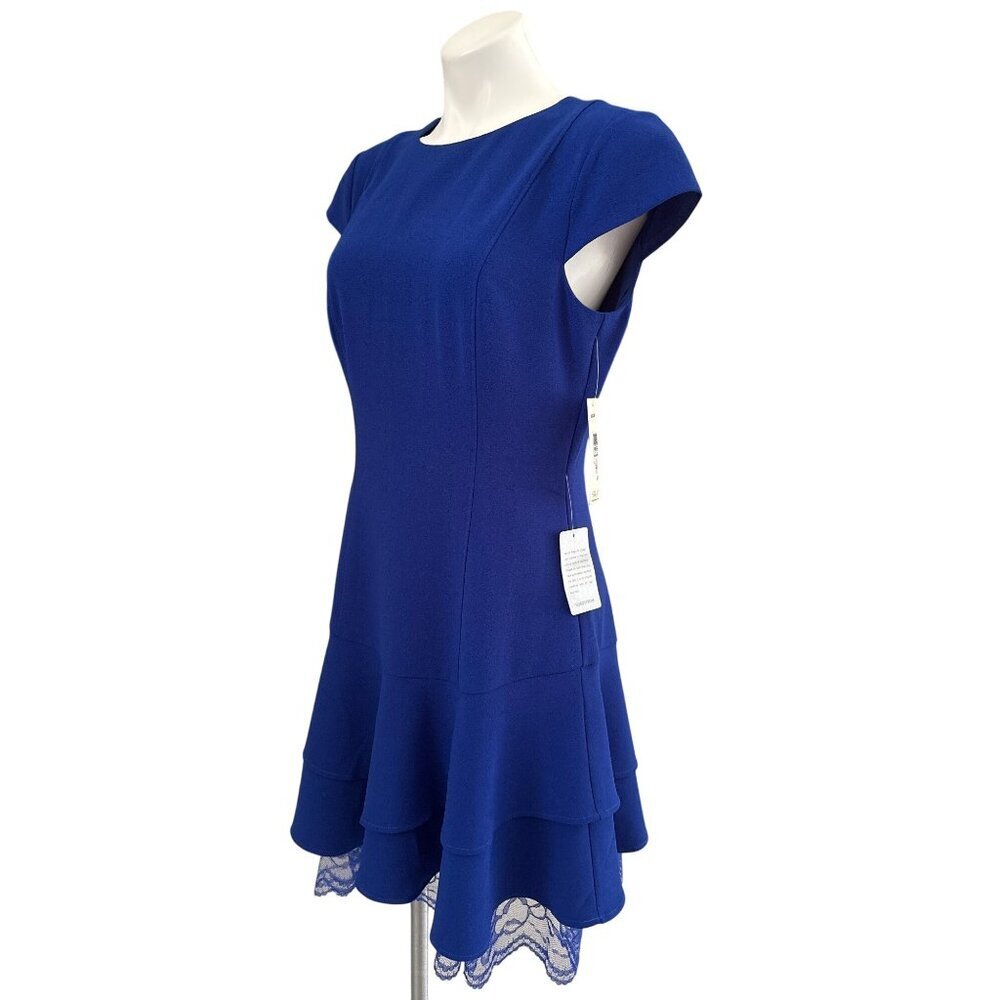 Eliza J NWT $138 Crepe Ruffle Lace Hem Sheath Dress, Blue Women's Size 10 - Picture 7 of 9